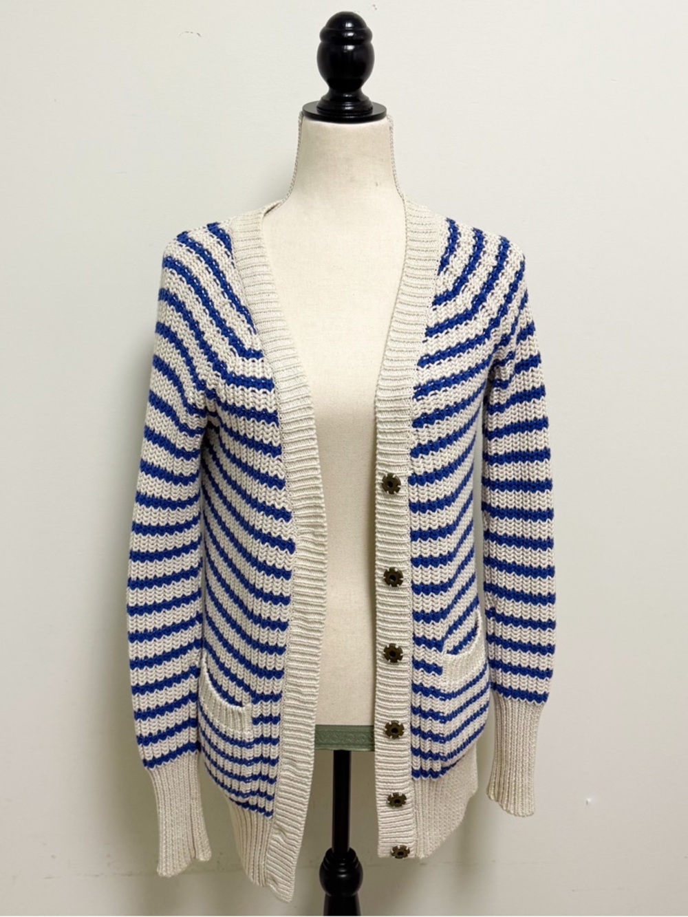 J Crew Cream Blue Purple Stripe Deep V Neck Snap Button Longer Sweater Cardigan - Picture 3 of 9